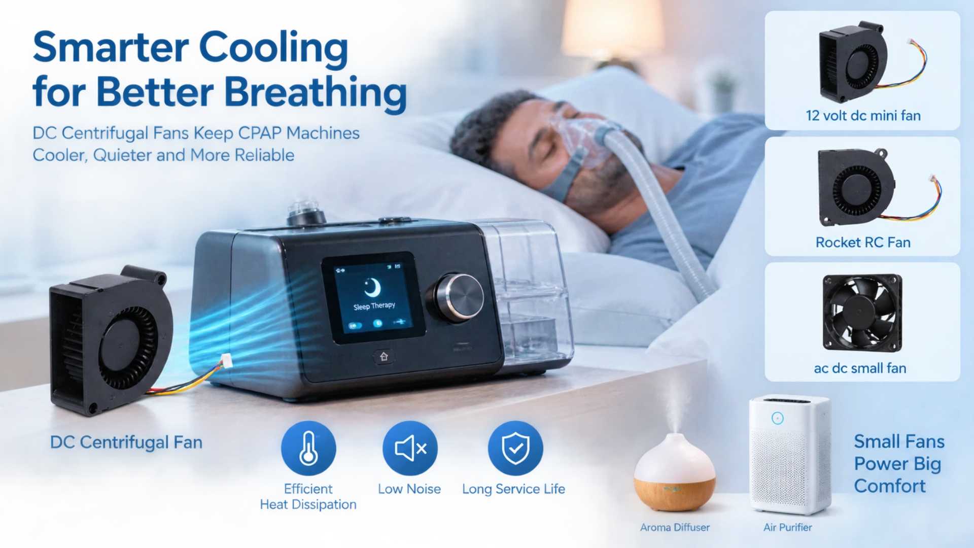 Bagaimana Blower Sentrifugal DC Kecil Mengatasi Tantangan Aliran Udara dan Termal pada CPAP dan Peralatan Rumah Tangga Kompak?